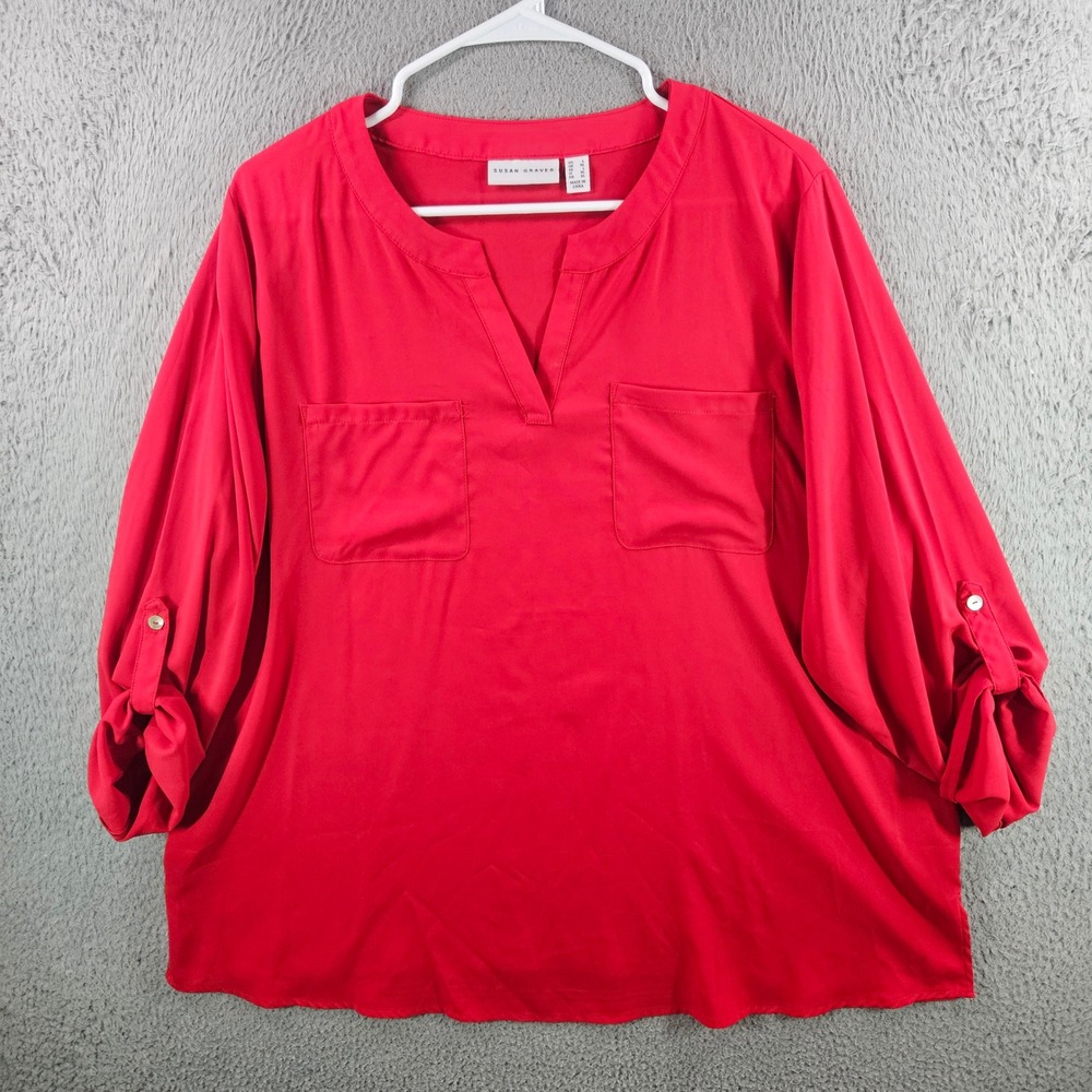 Susan Graver Red Liquid Knit Roll Tab Sleeve V-Neck Blouse Top Womens Large